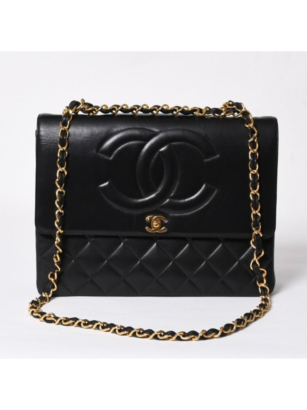 Chanel S Flap Chain Shoulder Bag CC Logo Lambskin Black Gold